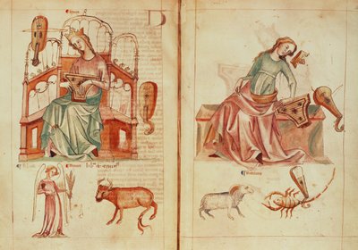 Sloane MS 3983 fol.42v-43 Venus spiller et instrument med sine herskende tegn og i skade, fra 