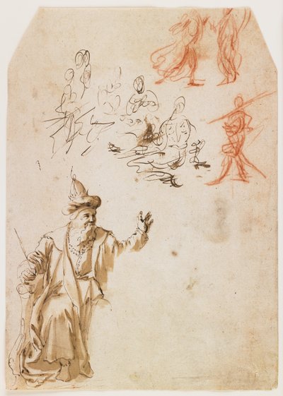 Studie av en gammeltestamentlig profet og andre figurstudier (recto); Studie av en mannsfigur med et tau (verso) (penn og brunt blekk og vask, rødt og svart kritt) av Netherlandish School