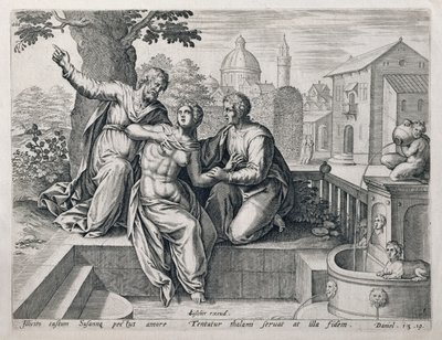 Susanna and the Elders, fra en serie som illustrerer scener fra The Bible, pub. av Claes Jansz Visscher (ca. 1550-c. 1612) ca. 1590 av Netherlandish School