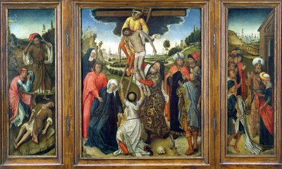 Deponeringen, flankert av (L) Adam og Eva Mourning Abel og (R) Josephs frakk vist til Jakob, triptyk, ca. 1470 (panel) av Netherlandish School