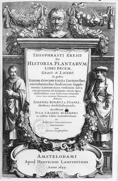 Tittelsiden til Historia Plantarum Libri Ten av Theophrastus (ca. 372-c.287 f.Kr.) utgitt i Amsterdam i 1644 av Netherlandish School
