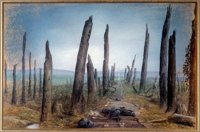 Første verdenskrig: 'The Path' Fra en skog etter et slag ligger kropper av soldater på bakken blant trestammene av Neville Stephen Lytton