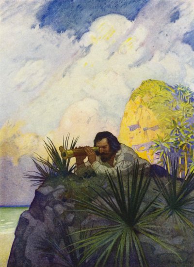 Illustrasjon for Robinson Crusoe (farge litho) av Newell Convers (after) Wyeth