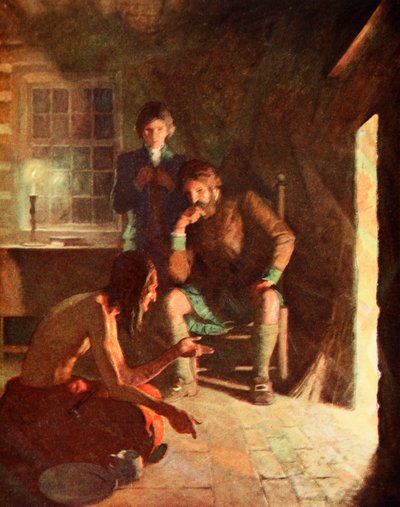 Det indiske Longthought-møtet i et tidlig nybyggerhjem (farge litho) av Newell Convers (after) Wyeth