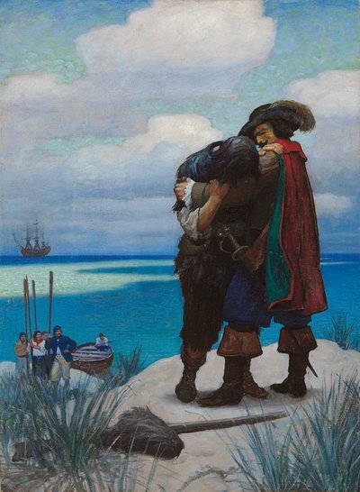 Først, på en stund, var jeg ikke i stand til å svare ham ett ord; Men da han hadde tatt meg i armene sine, holdt jeg fast ved ham, ellers skulle jeg ha falt til bakken av Newell Convers Wyeth