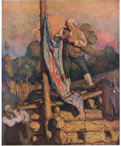 Kaptein Smollett trosser mytteristene: så klatret han på taket, løp han med sin egen hånd opp i fargene av Newell Convers Wyeth