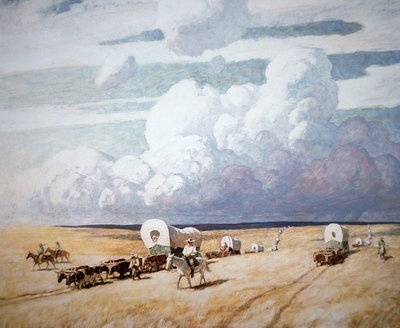 Overbygde vogner på vei vestover (olje på lerret) av Newell Convers Wyeth