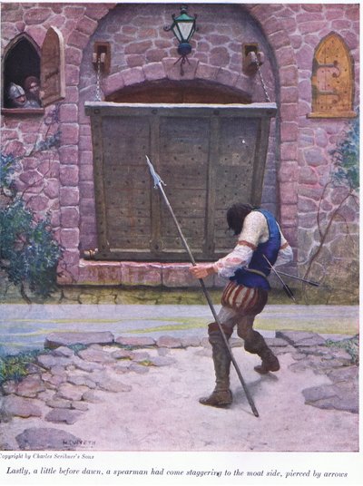 Til slutt litt før daggry, har en spydmann kommet vaklende til vollgravsiden, gjennomboret av piler, 1916 av Newell Convers Wyeth