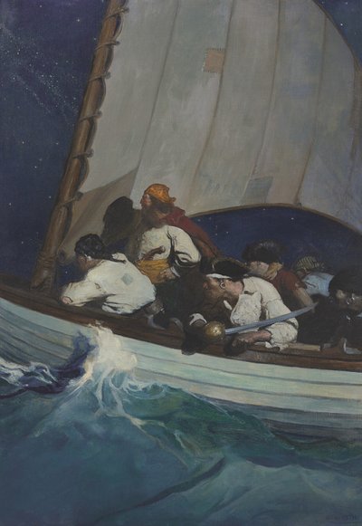"Åh, Morgans menn er ute etter deg; og Blackbeard - slyngel!..." av Newell Convers Wyeth
