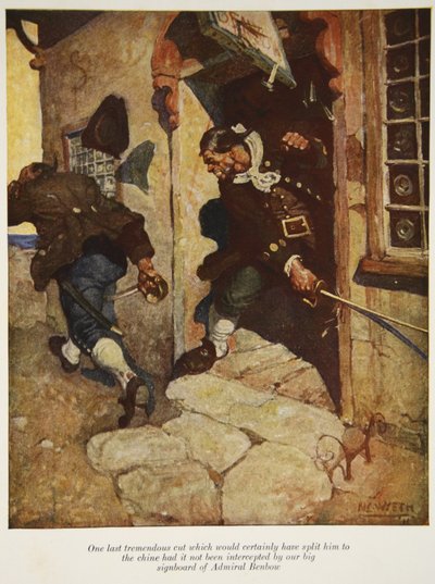 Et siste enormt kutt som helt sikkert ville ha delt ham til bunns hvis det ikke hadde blitt fanget opp av vårt store skilt til Admiral Benbow, en illustrasjon fra Treasure Island av Robert Louis Steve av Newell Convers Wyeth