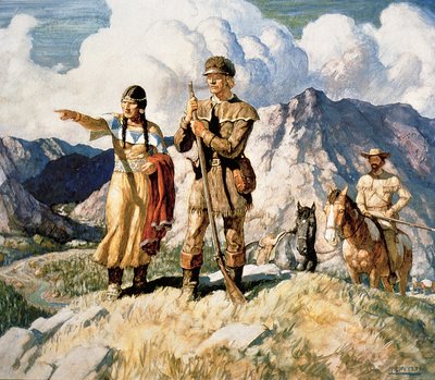 Sacagawea med Lewis og Clark under deres ekspedisjon 1804-06 (farge litho) av Newell Convers Wyeth
