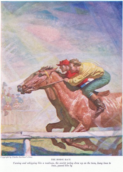 Hesteløpet: Banning og pisking som en gal mann trakk den skarlagenrøde jockeyen seg opp på svingen, hang kne til kne, gikk forbi ham, 1928 av Newell Convers Wyeth
