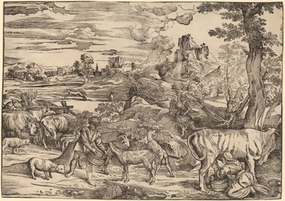 Landskap med en melkepike av Niccolò Boldrini after Titian