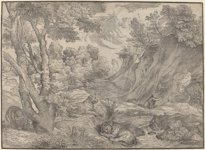 Saint Hieronymus i villmarken av Niccolò Boldrini after Titian
