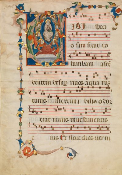 Manuskriptblad med antagelsen av jomfruen i en innledende V, fra et antifonarium, ca. 1340. av Niccolò di ser Sozzo