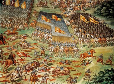Slaget ved St. Quentin (Saint Quentin), som så spanjolenes seier over franskmennene i 1557, under de italienske krigene, detalj med kavaleriangrep av Niccolo (and workshop) Granello