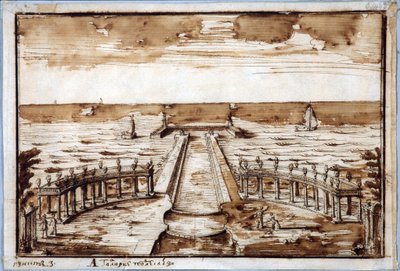 Colonnade ""Curves Gallery"" ved Gateway i Peterhof. Prosjekt - Nicola Michetti (1675-1759). Penn, brunt indisk blekk på papir av Niccolo Michetti