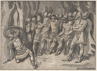Ajax nede til venstre holder et skjold høyt, til høyre står Agamemnon omgitt av hans..., 1540-50. av Niccolo Vicentino