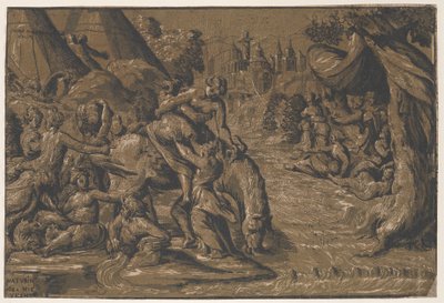Cloelia den romerske helten i sentrum blir hjulpet opp på en hest, Roma i bakgrunnen,..., 1540-50 av Niccolo Vicentino