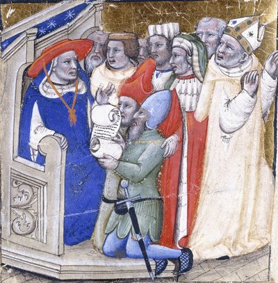 En kardinal som sitter i dom over en biskop, anklaget av to lekmenn, ca. 1380 (maling og bladgull på vellum) av Niccolo di Giacomo