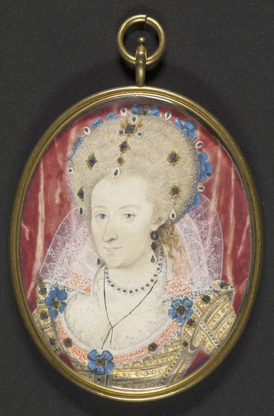 Anne av Danmark, ca. 1600 (gouache på vellum lagt på kort) av Nicholas (studio of) Hilliard