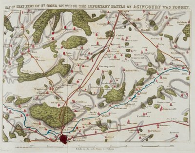 Kart over den delen av St. Omer som det viktige slaget ved Agincourt ble utkjempet på, illustrasjon fra 'The History of Agincourt; og ekspedisjonen til Henrik den femte inn i Frankrike ...' av Nicholas Harris Nicolas