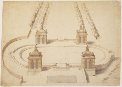 Design for en Bowling Green, Hampton Court, ca. 1689-91 (penn og brunt blekk, vask og grafitt på papir) av Nicholas Hawksmoor