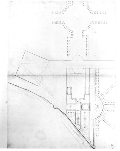 Områdeplan for plan I, Hampton Court, 1689 (penn og blekk og blyant på papir) av Nicholas Hawksmoor