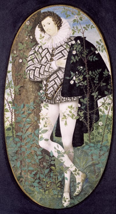 En ung mann som lener seg mot et tre blant roser (kroppsfarge på vellum) av Nicholas Hilliard