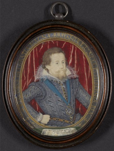 James I av England og VI av Skottland, ca. 1610 (w/c, gouache og gull, penn og svart blekk på vellum) av Nicholas Hilliard