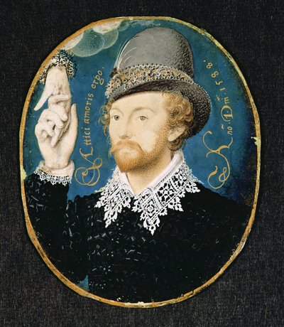 Mann som spenner hånden fra en sky, muligens William Shakespeare, 1588 av Nicholas Hilliard