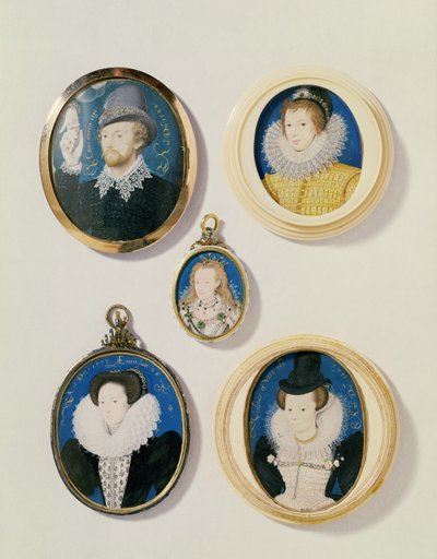 Miniatyrer, fra L til R, T til B: Mann med en hånd fra en sky; Ukjent ung mann, 1588; fru Holland 26 år gammel 1593; Arabella Stuart, hertuginne av Lennox; Ukjent dame av Nicholas Hilliard