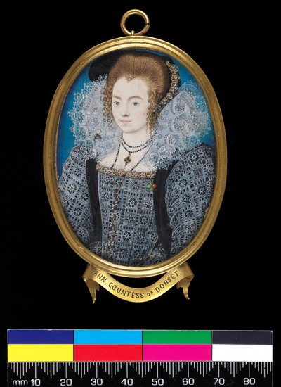 Ukjent dame (tidligere identifisert som grevinne av Dorset), ca. 1595 (kroppsfarge på vellum på spillkort) av Nicholas Hilliard