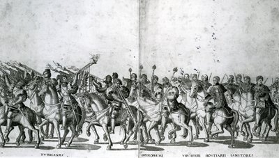Plate 12 og 13 av pave Clemens VII og keiser Karl Vs inntog i Bologna 24. februar 1530, publisert ca. 1530 av Nicholas Hogenberg