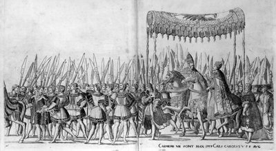 Pave Clemens VIIs og keiser Karl Vs inntog i Bologna 24. februar 1530, plate 27, ca. 1530 av Nicholas Hogenberg