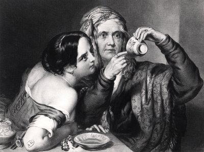 Forutsi fremtiden fra å lese kaffegrut, gravert av Charles William Sharpe (1818-99) av Nicholas Joseph Crowley