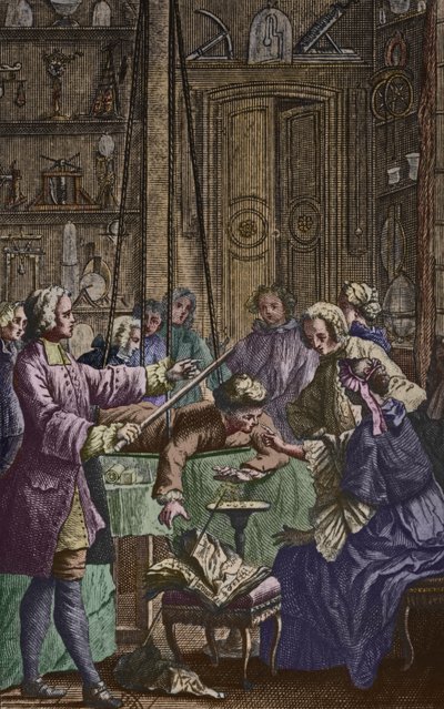 Elektrisk eksperiment laget på en mann av Abbe Jean Antoine Nollet (1700-70) i et fysikerskap, frontispice-illustrasjon fra Essai sur lelectricite des corps av Nollet, utgitt 1746, gravert av av Nicholas Lesueur