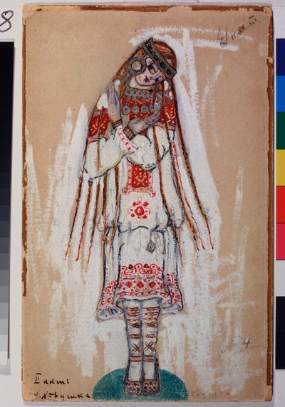 Kostyme for en kvinnelig karakter fra balletten ""The Rite of Spring"" av Igor Stravinsky (1882-1971). Verk av Nicolas (Nicholas) Roerich (1874-1947), gouache på papp av Nicholas Roerich