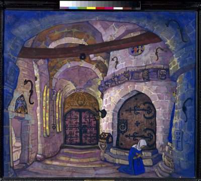 I klosteret. Forberedende dekor for operaen Soeur Beatrice av A. Davydov. Verk av Nicholas Roerich (1874-1947), tempera på papp av Nicholas Roerich
