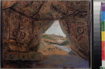 Forberedende sett til operaen La Pskovitaine (Jomfruen av Pskov) av Nicholas (Nikolai) Rimsky Korsakov (1844-1908). Verk av Nicholas Roerich (1874-1947), pastell på papp av Nicholas Roerich