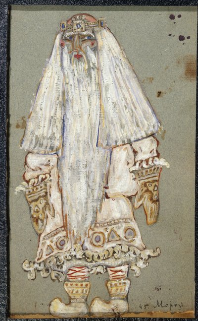Ded Moroz (bestefar Frost, julenissen). Kostymeprosjekt for stykket The Snow Maiden av Alexandre Ostrovski (1823-1886). Verk av Nicholas Roerich (1874-1947), tempera på papir av Nicholas Roerich