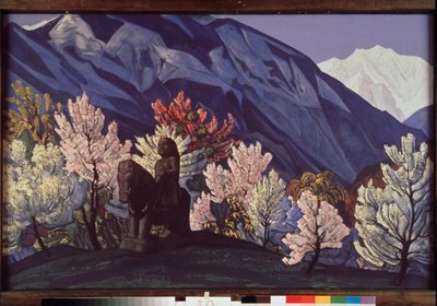 Guga Chohan. Kulu Valley (India). (Rytterstatue blant blomstrende trær i Himalaya). Maleri av Nicolas (Nicholas) Roerich (1874-1947), tempera på lerret av Nicholas Roerich