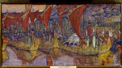Kampanjen til Chersonessos av Vladimir den store (eller Helgenen, eller den røde solen, Vladimir I Sviatoslavitch fra Kiev, 958-1015). De røde seilene. Maleri av Nicolas Roerich (1874-1947), olje på lerret av Nicholas Roerich