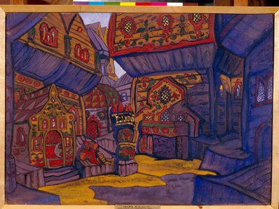 Hoffet til prins Vladimir Galitsky. Dekor for operaen ""Prins Igor"" av Alexandre Borodin (Borodin) (1833-1887). Verk av Nicolas (Nicholas) Roerich (1874-1947), gouache og tempera på papir av Nicholas Roerich