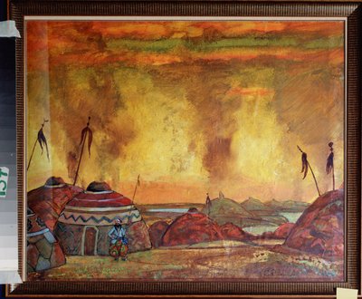 Polovtsien-leiren (eller Couman, Kouman). Forberedende dekor for operaen ""Prince Igor"" av Alexandre Borodin (Borodin) (1833-1887). Verk av Nicolas (Nicholas) Roerich (1874-1947), tempera på papir av Nicholas Roerich