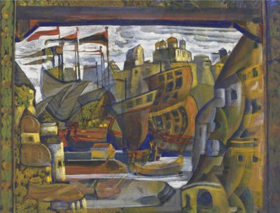 Novgorod-markedet – Novgorod-markedet. Scenografi for operaen Sadko av N. Rimsky-Korsakov, av Roerich, Nicholas (1874-1947). Tempera på lerret av Nicholas Roerich