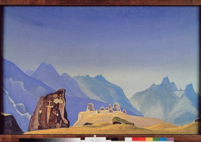 Sverdet til Gesar Khan (eller kong Gesar av Ling, mongolsk og tibetansk helt). (Klippegrav på toppen av Himalaya-kjeden). Verk av Nicolas (Nicholas) Roerich (1874-1947) tempera på lerret av Nicholas Roerich