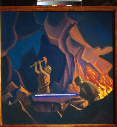 Nibelungen. Smi sverdet. (Episode fra tysk mytologi). Verk av Nicolas (Nicholas) Roerich (1874-1947), tempera på lerret av Nicholas Roerich