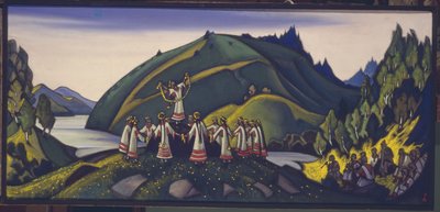 Scenedesign for balletten The Rite of Spring Le Sacre du Printemps av I. Stravinsky, 1945 av Nikolai Konstantinowitsch Roerich