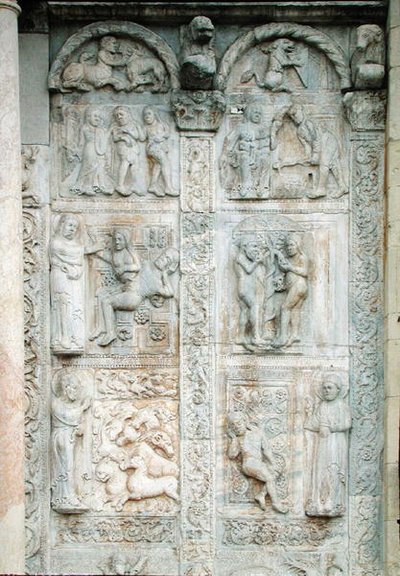 Historien om Adam og Eva, fra sørsiden av den vestlige verandaen, ca. 1120-38 (marmor) av Nicholaus Nicholaus
